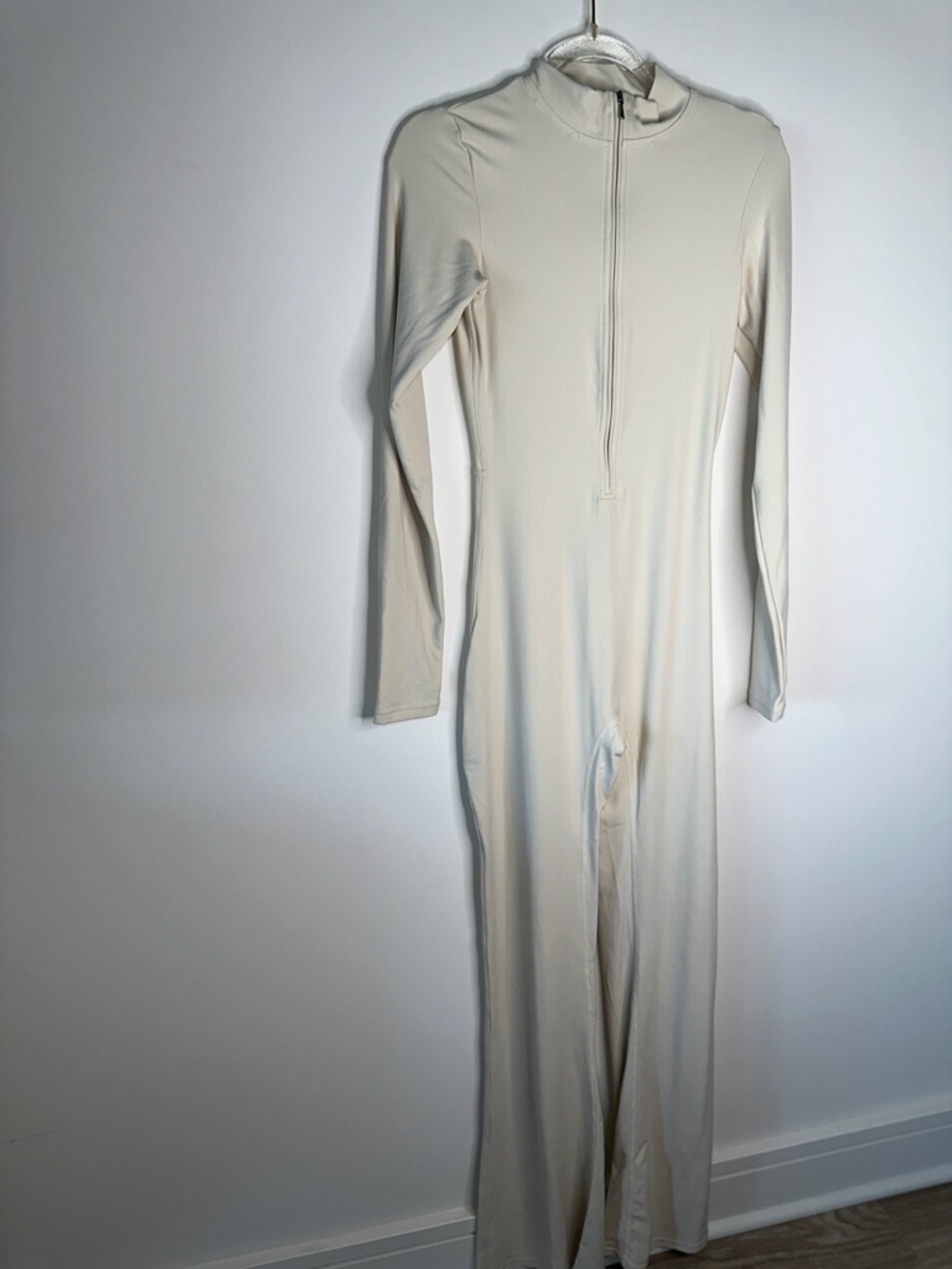 Cream Long Sleeve Zip-Front Jumpsuit